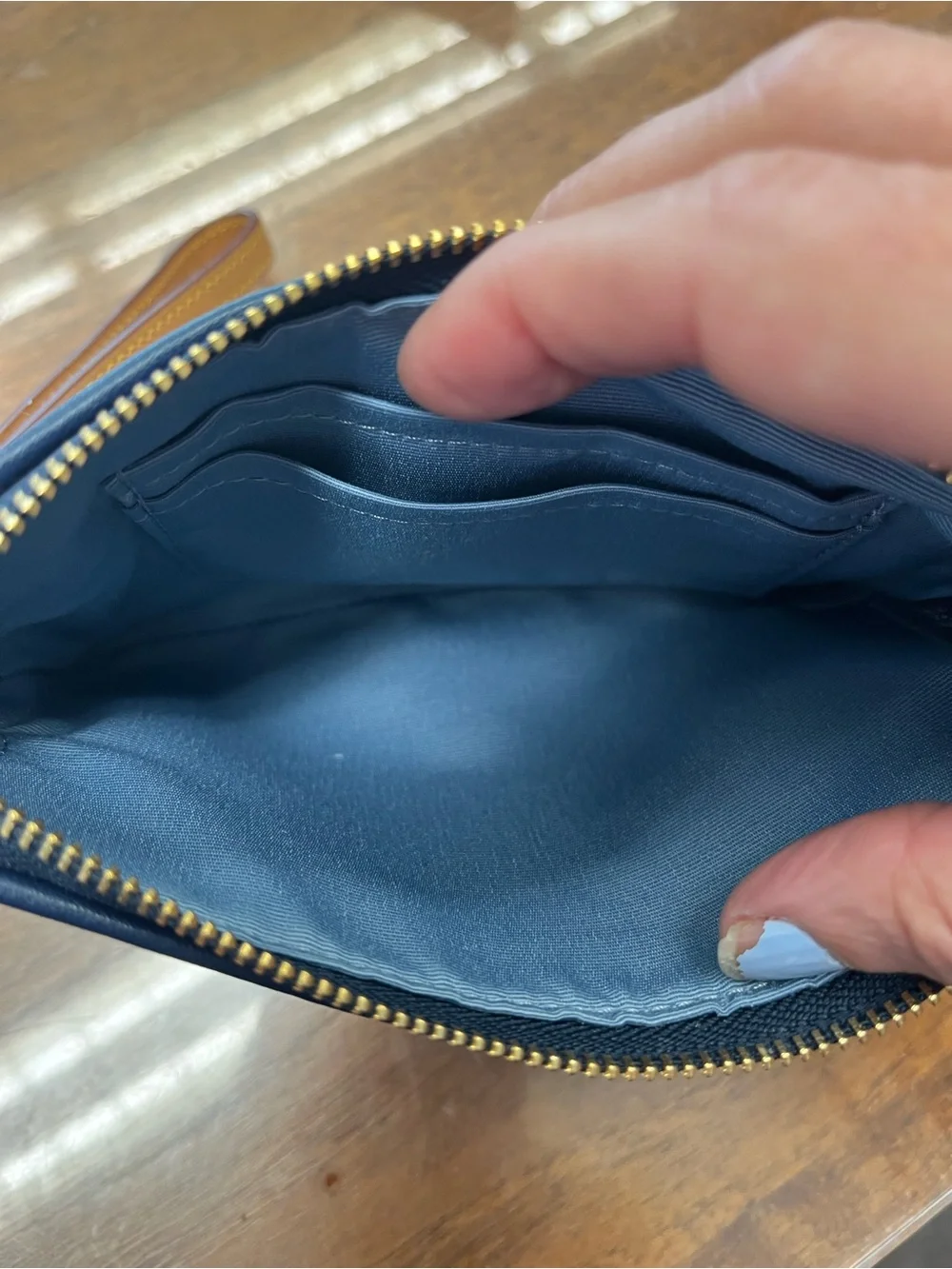 Coach Blue Signature Logo Wristlet with Brown Strap
